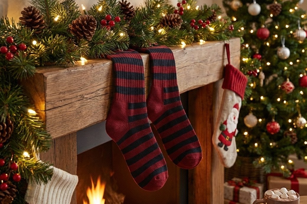 Two knit stockings hanging by a fireplace on Christmas Eve